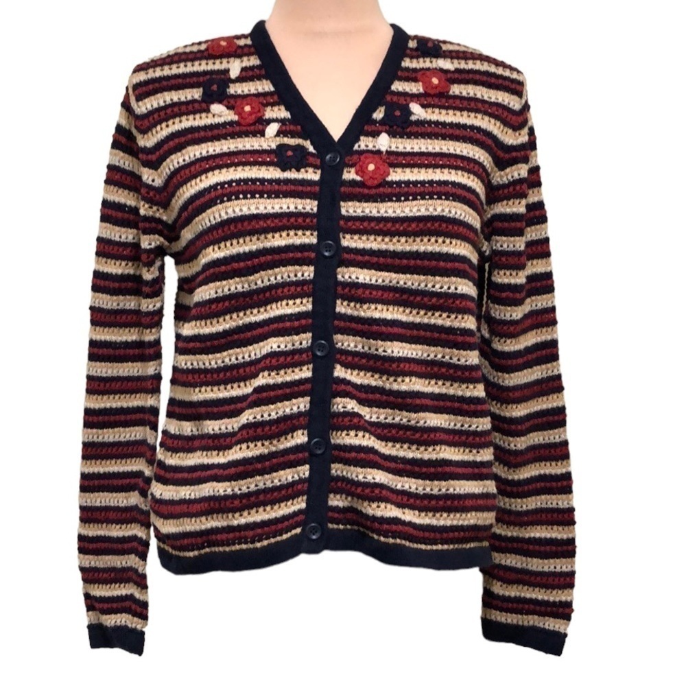 Vintage Cardigan Sweater Size Medium Crochet Navy Blue Tan Red Striped Floral